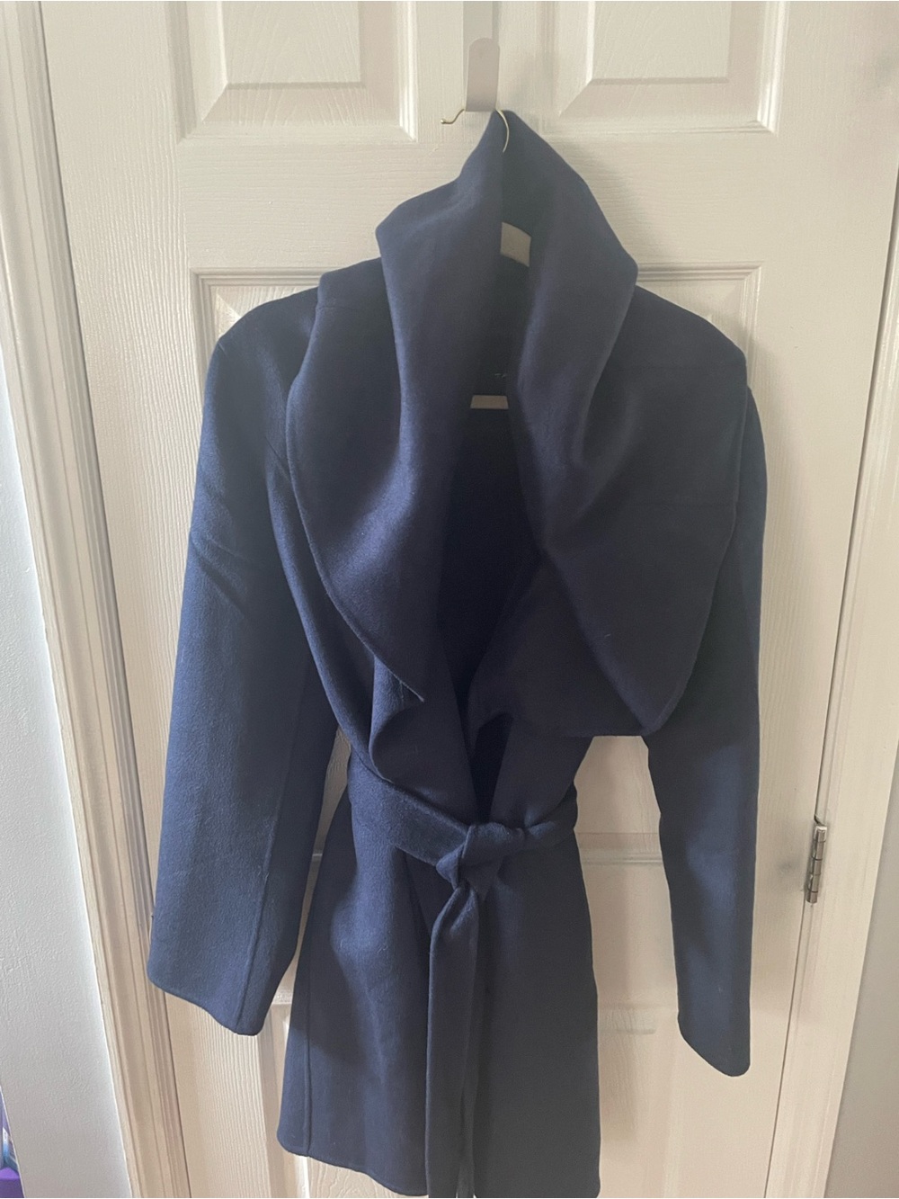 Tahari Navy Wrap Coat with Shawl Collar